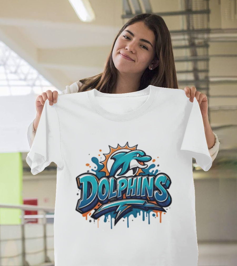 Miami Dolphins Graffiti Football Dolphins Splash Blue Orange T-Shirt