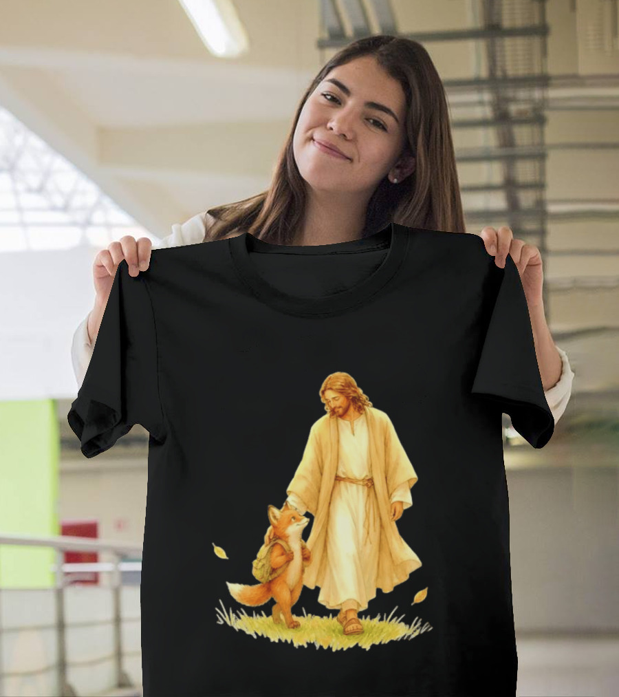 Jesus Christ And Fox Companion With Backpack In Nature Scene T-Shirt