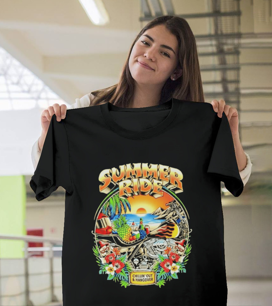 Summer Ride Chillin' Out Hangover Motorcycle Beach Sunset Tropical Fruits Floral T-Shirt