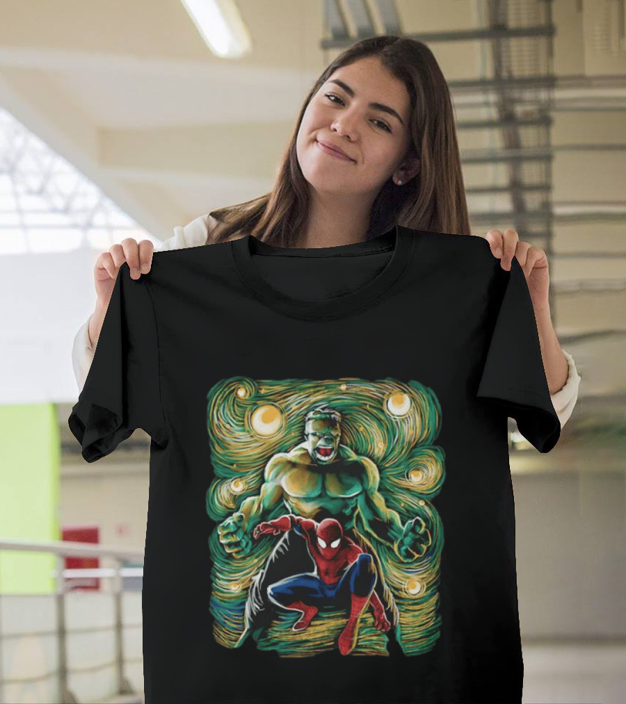 Hulk And Spider Man Marvel Comics Starry Night Sky Superhero Collaboration T-Shirt
