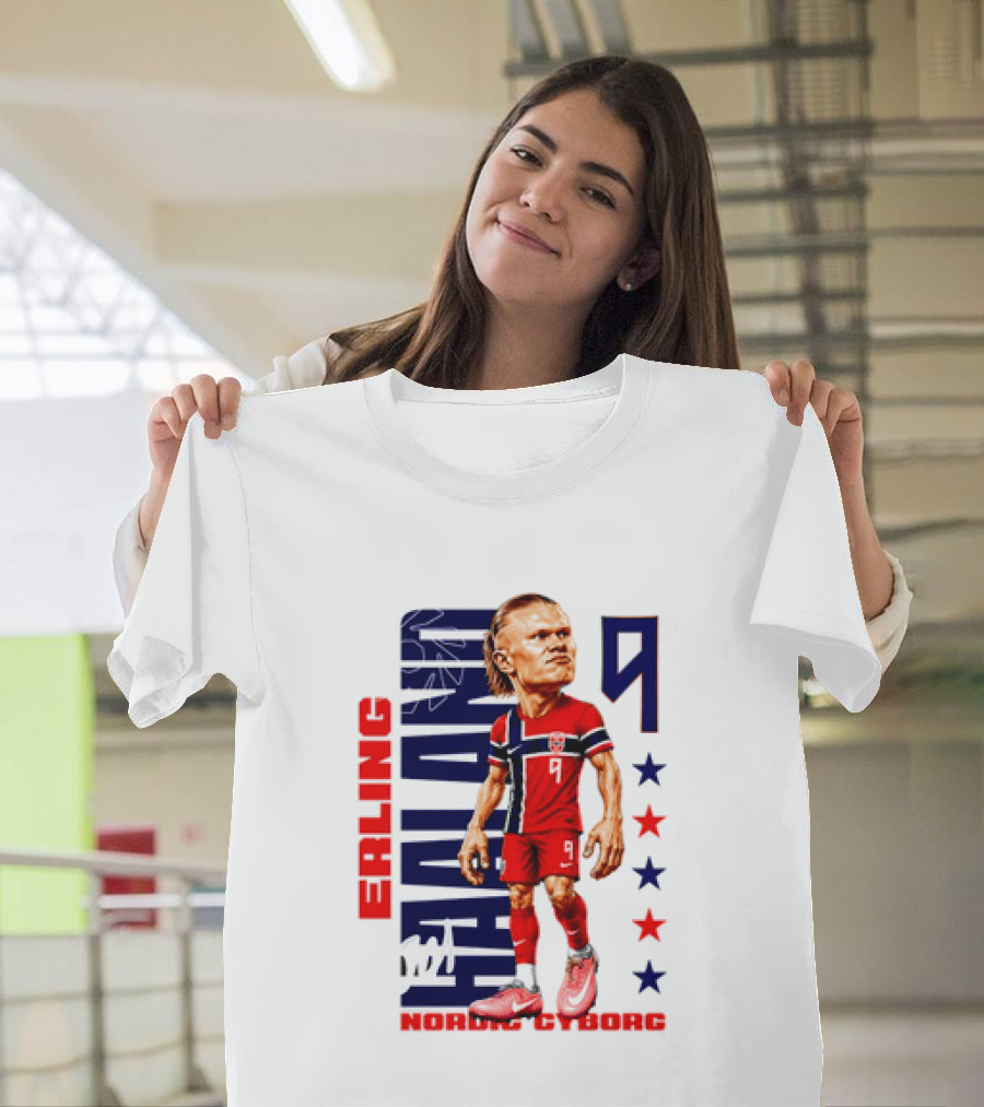 Erling Haaland No 9 Nordic Cyborg Stars And Stripes Caricature T-Shirt