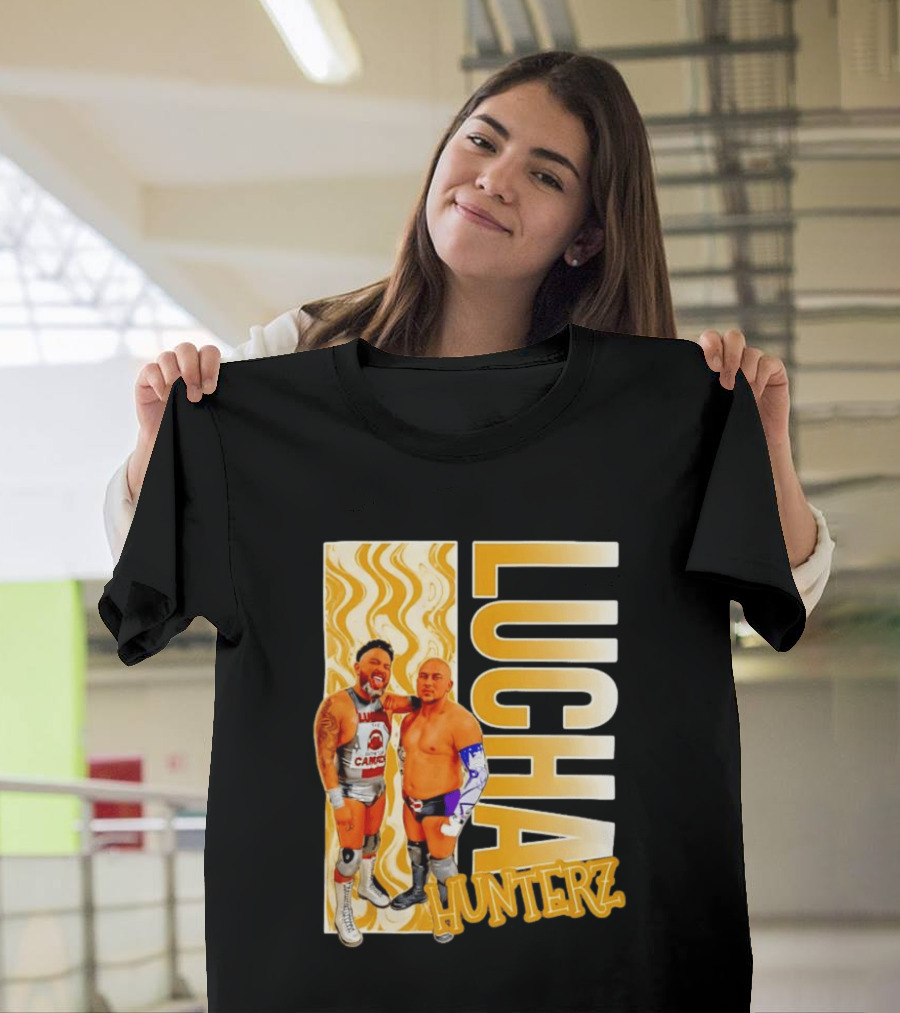 Lucha Hunterz Wrestlers Duo With Llamas And Gold Accents T-Shirt
