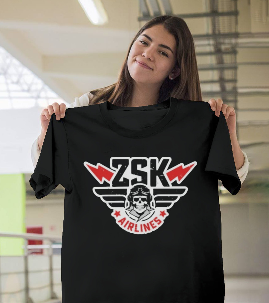 ZSK Airlines Skull Pilot Wings With Red Lightning Bolts And Stars T-Shirt