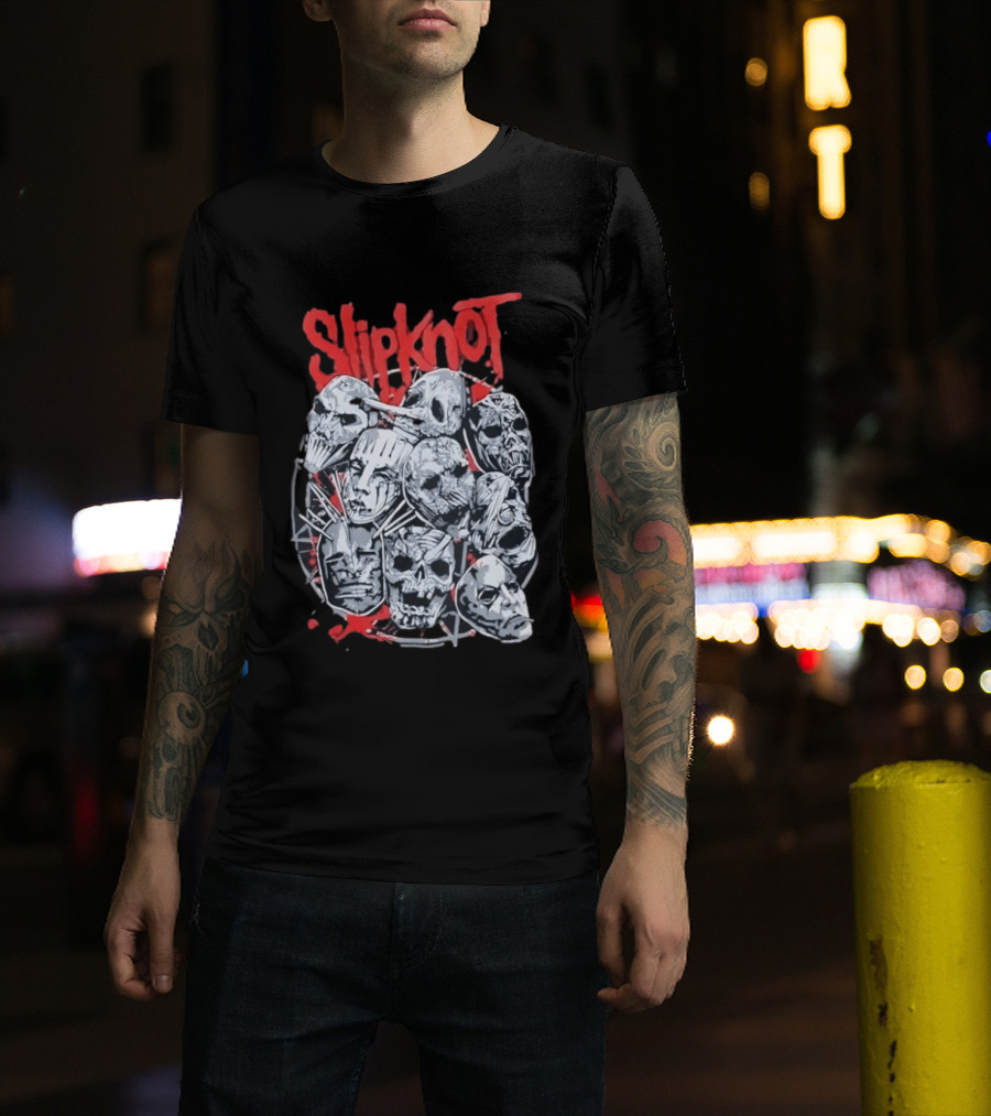 Slipknot Mask Collection With Band Name In Red T-Shirt