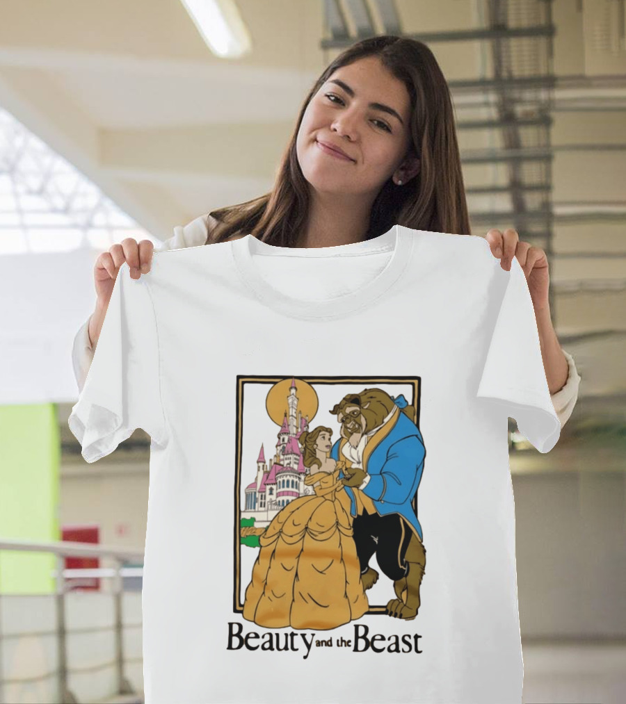 Beauty And The Beast Belle And Beast Dancing In Front Of Castle T-Shirt
