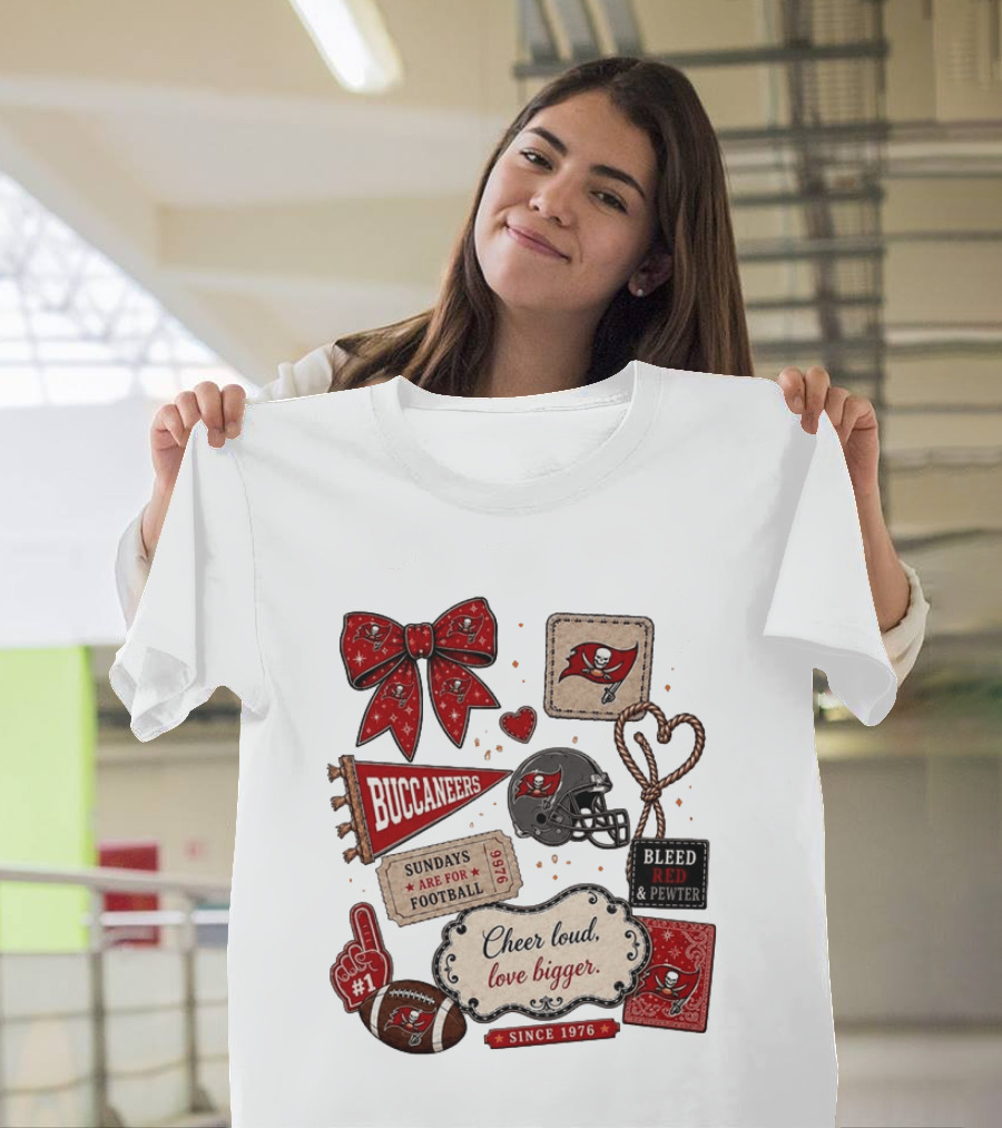 Tampa Bay Buccaneers Mom Red Floral Bow Cheer Loud Love Bigger Football Patch Collage T-Shirt