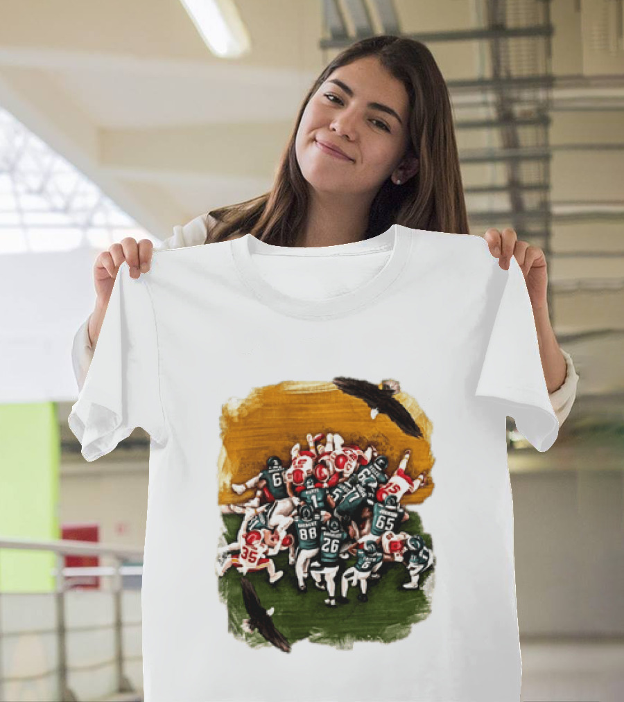 Philadelphia Eagles Tush Push Jalen Hurts Saquon Barkley Jason Kelce Action Play T-Shirt