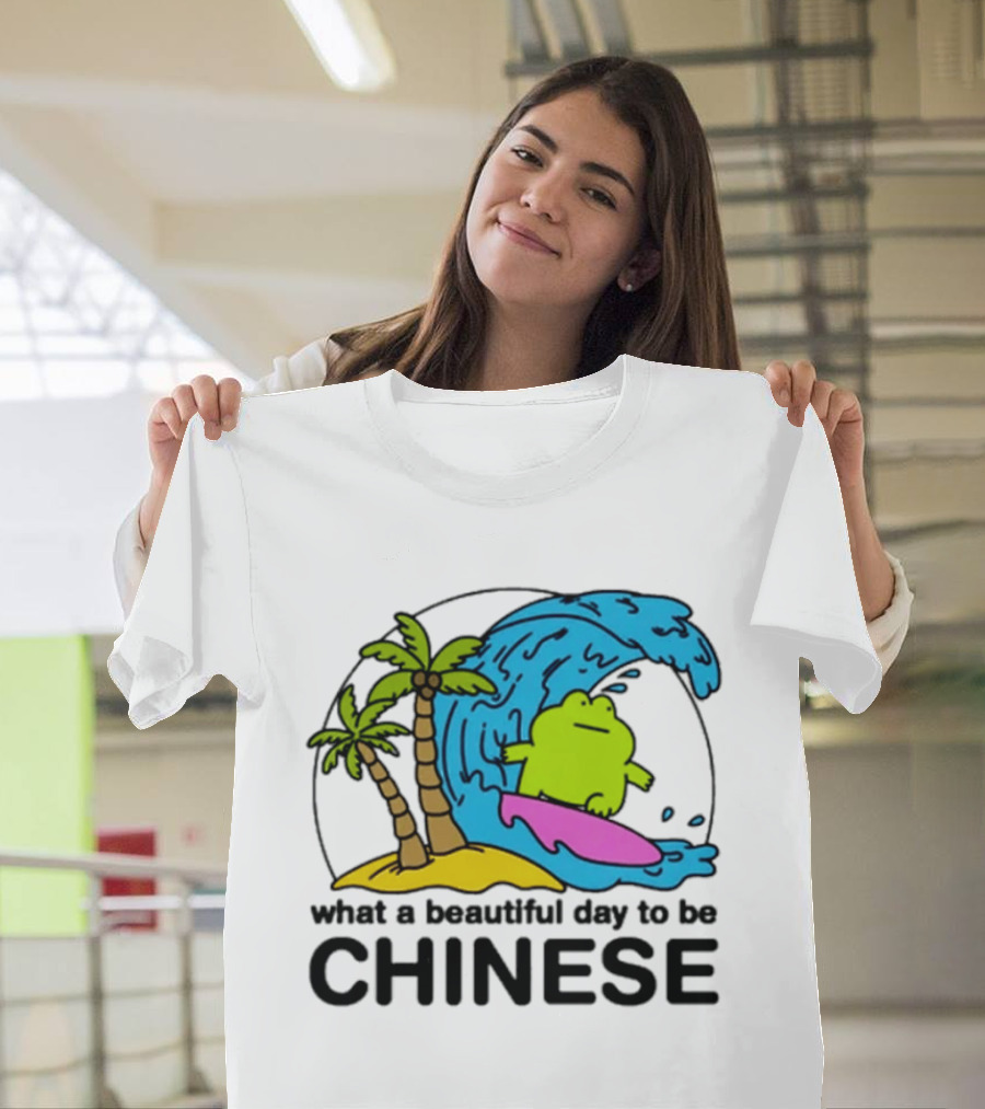 What A Beautiful Day To Be Chinese Surfing Frog With Palm Trees And Waves T-Shirt