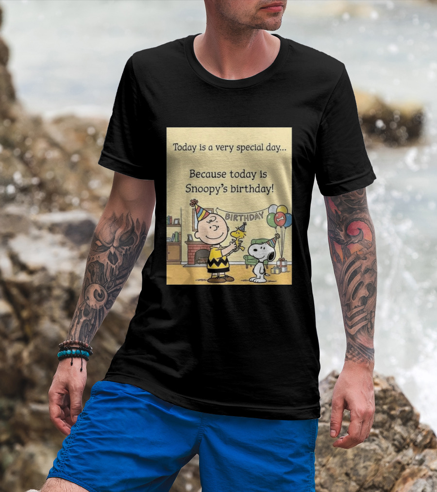 Celebrate Snoopy's Birthday With Charlie Brown And Woodstock In Party Hats And Balloons T-Shirt