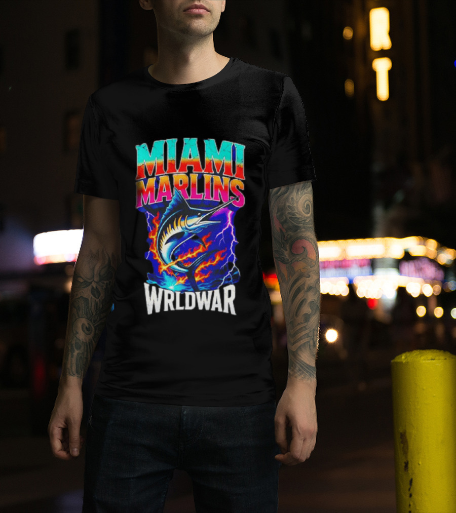 Miami Marlins Wrldwar Lightning Flame Marlin T-Shirt