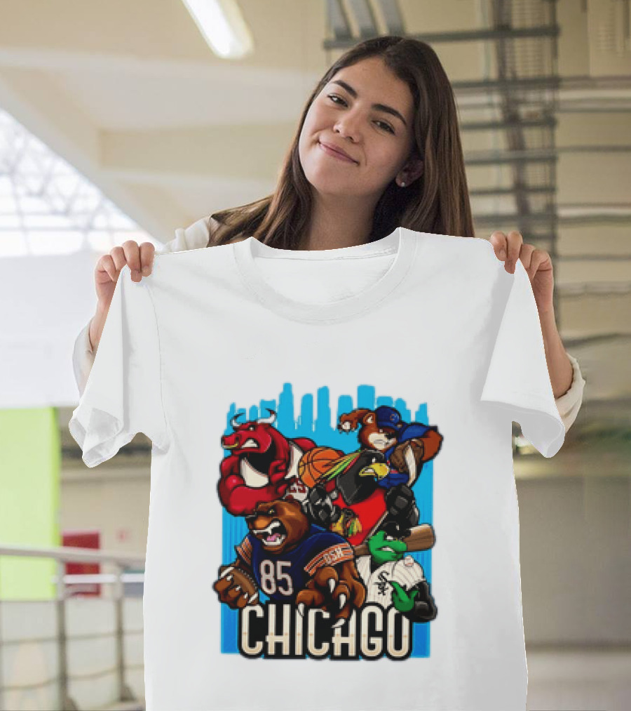 Chicago Bulls Bears Blackhawks Cubs White Sox Sports Team Characters T-Shirt