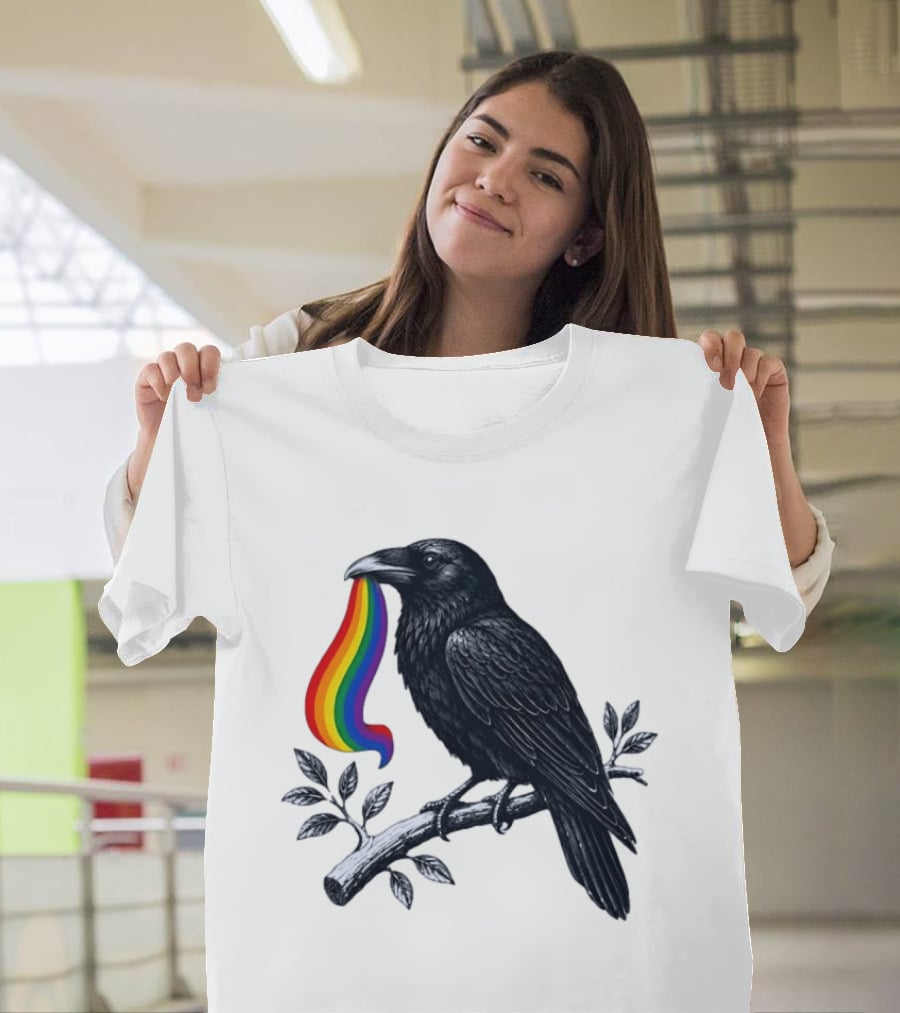 Rainbow Raven Pride Bird Holding Colorful Ribbon On Branch T-Shirt