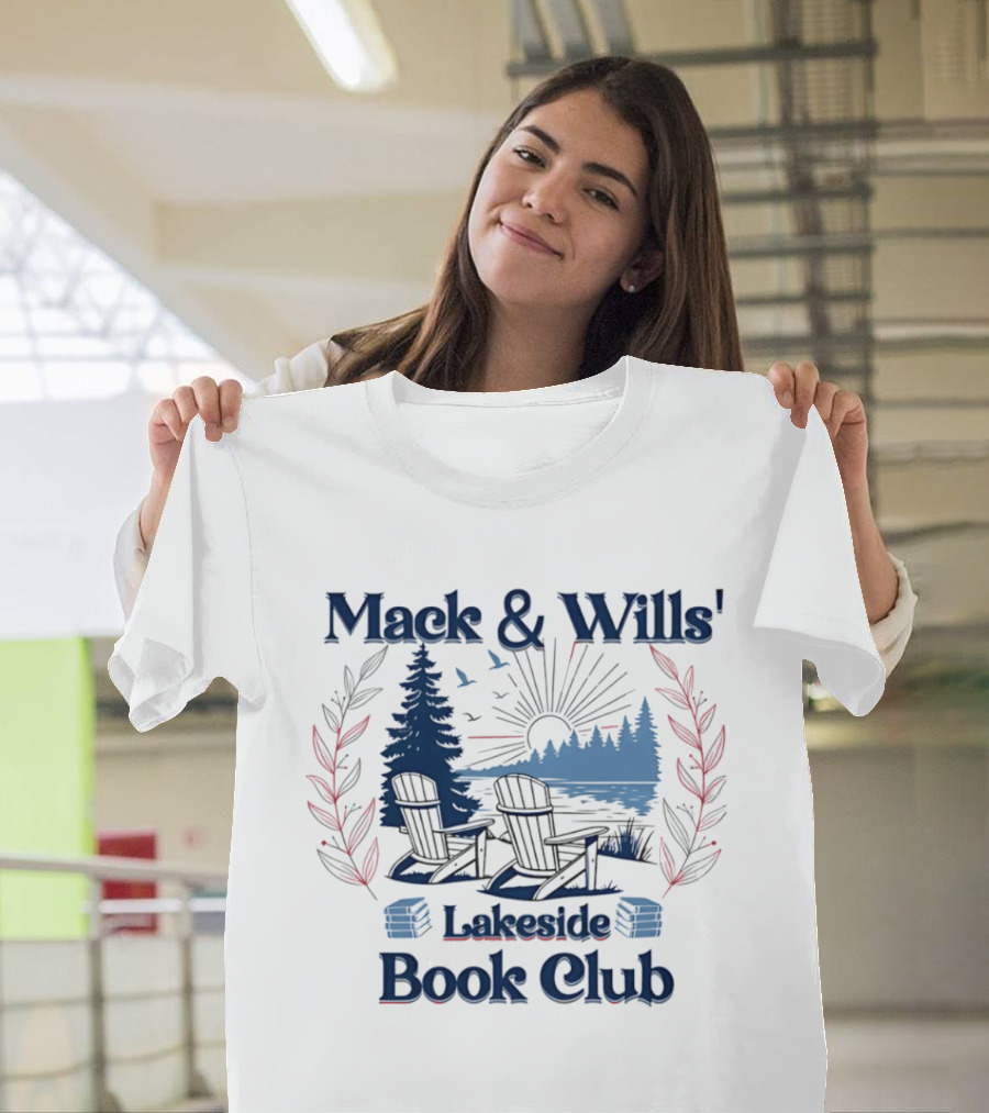 Mack & Wills' Lakeside Book Club Adirondack Chairs Sunset Scene T-Shirt