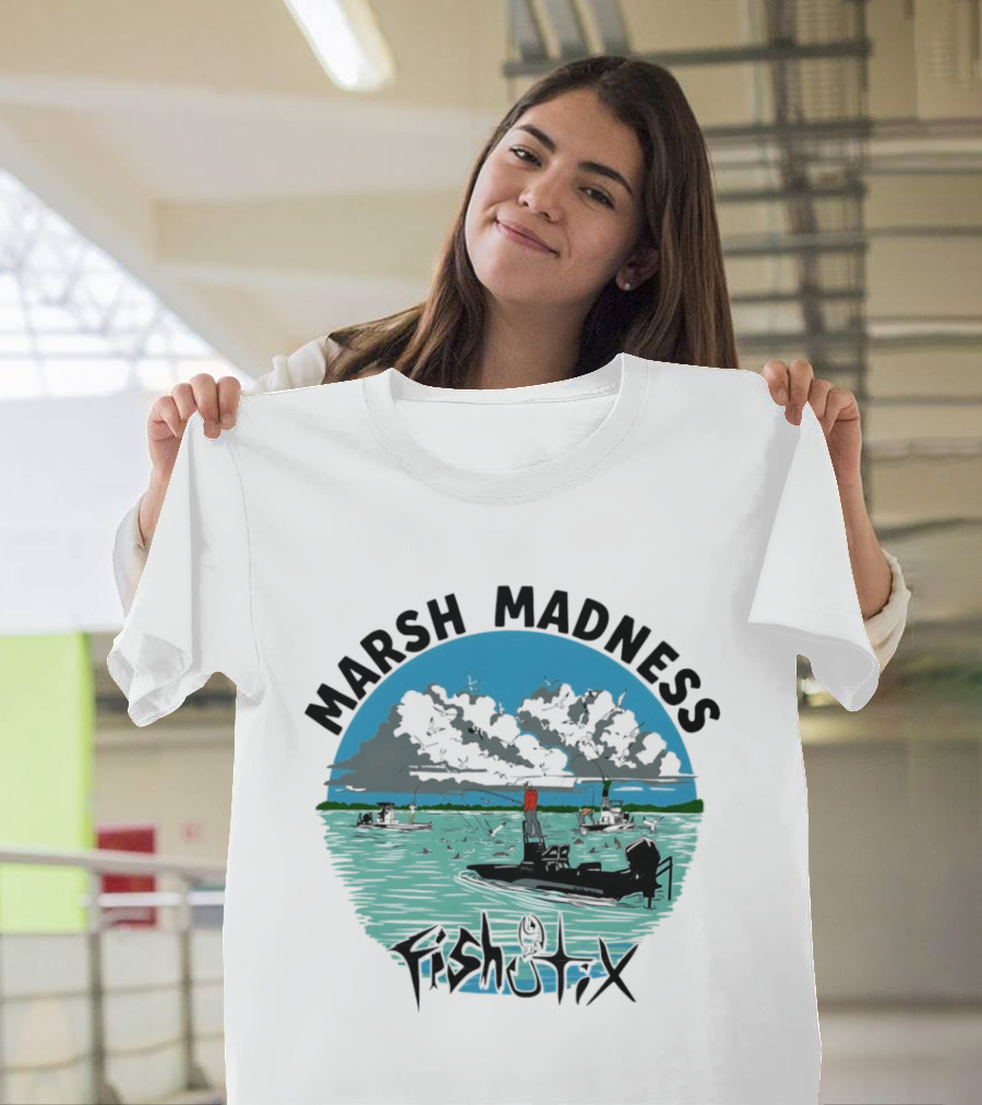 Marsh Madness Fishstix Boat Fishing Scene T-Shirt