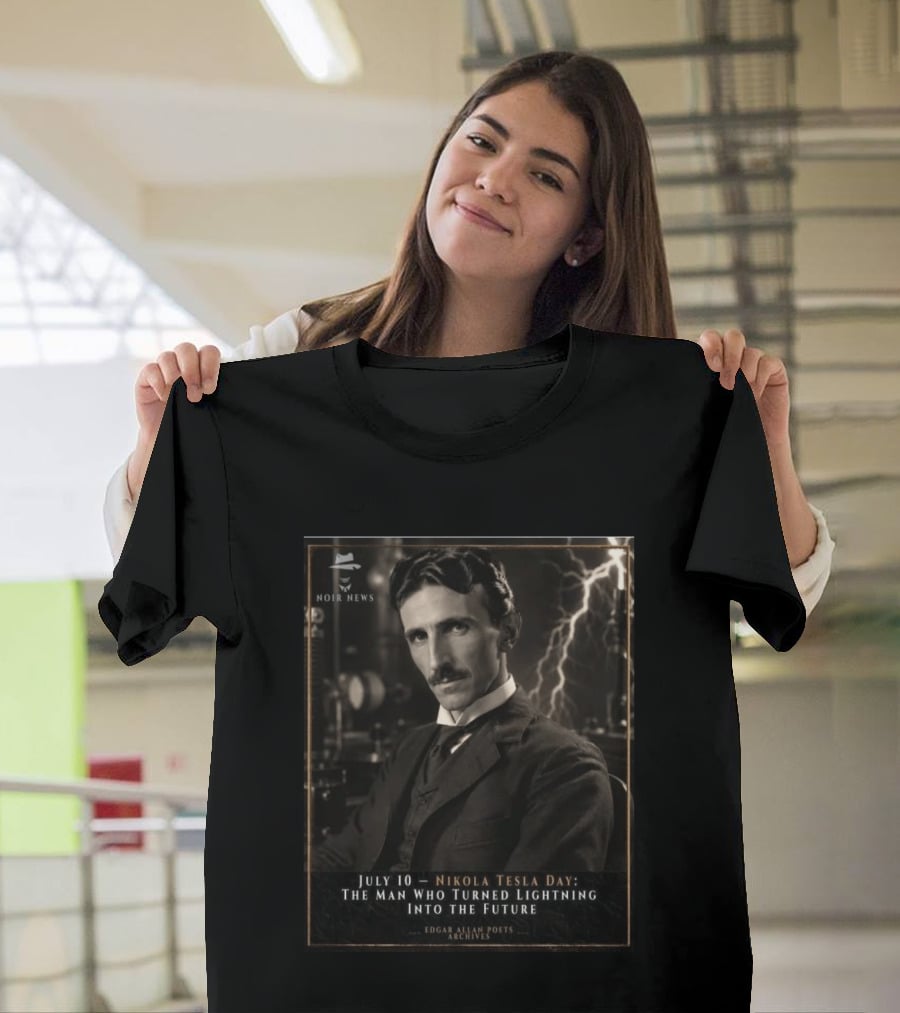 July 10 Nikola Tesla Day The Man Who Turned Lightning Into The Future Noir News Edgar Allan Poets Archives T-Shirt