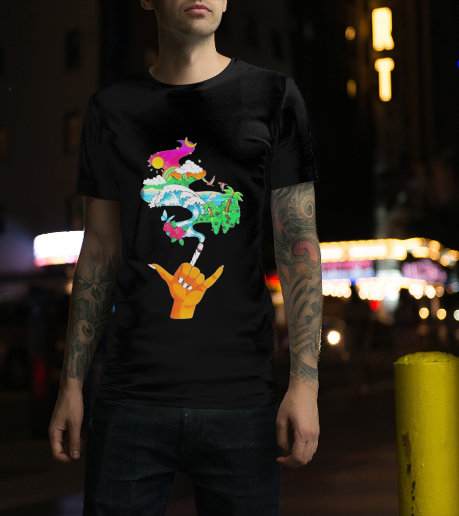 Shaka Hand Gesture With Tropical Island Wave And Colorful Clouds T-Shirt