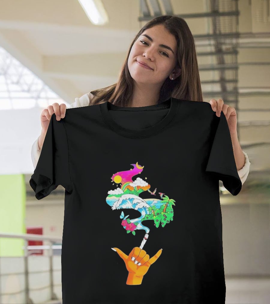 Shaka Hand Gesture With Tropical Island Wave And Colorful Clouds T-Shirt