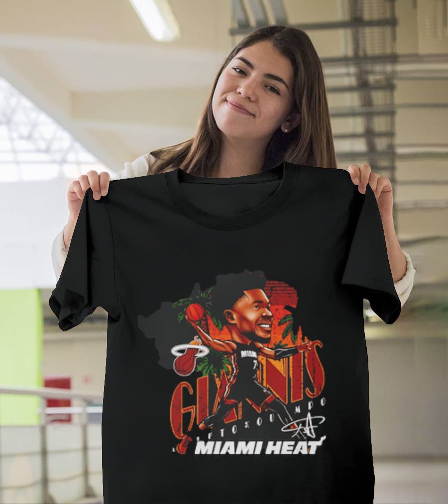 Giannis Antetokounmpo Miami Heat Cartoon Basketball Graphic Palm Trees T-Shirt