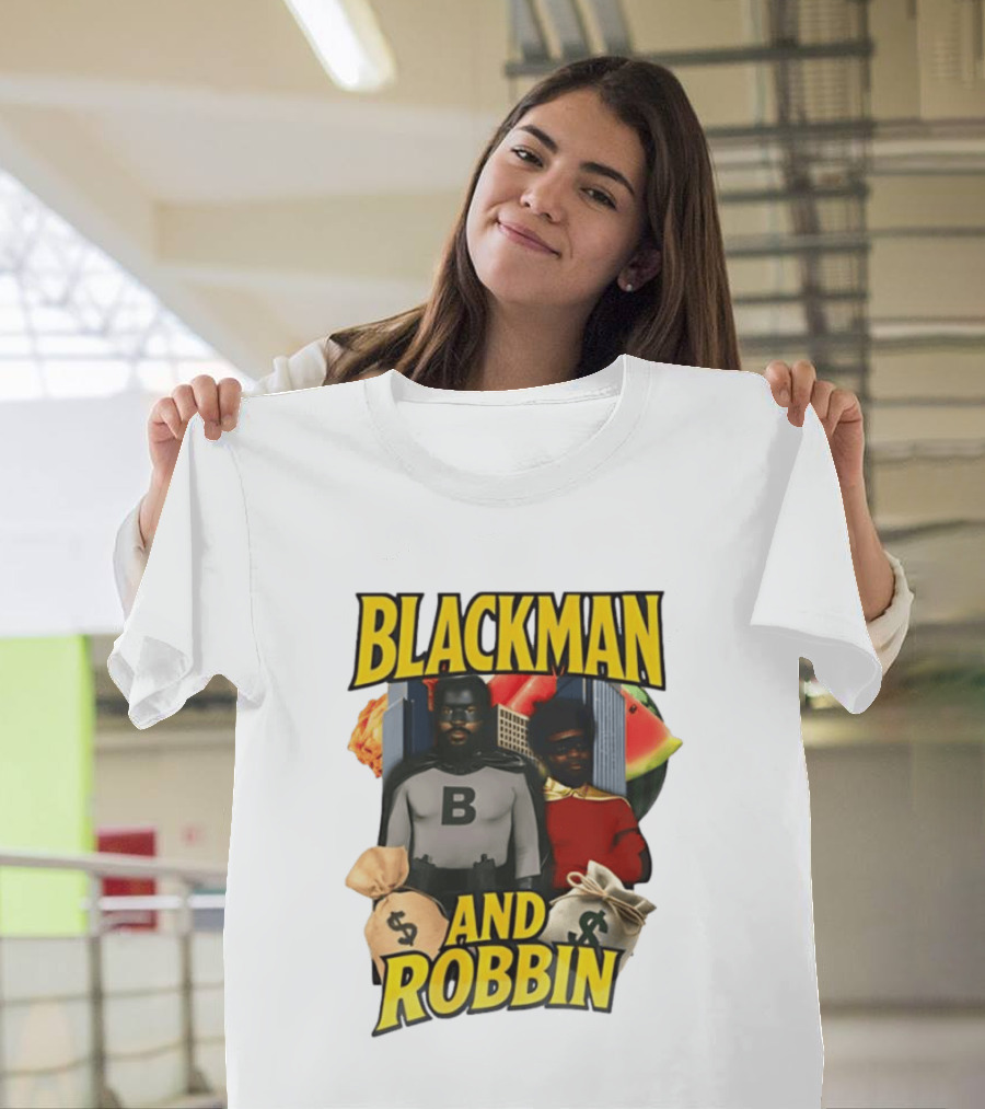 Blackman And Robbin Superhero Satire Comedy Money Bags Cityscape T-Shirt