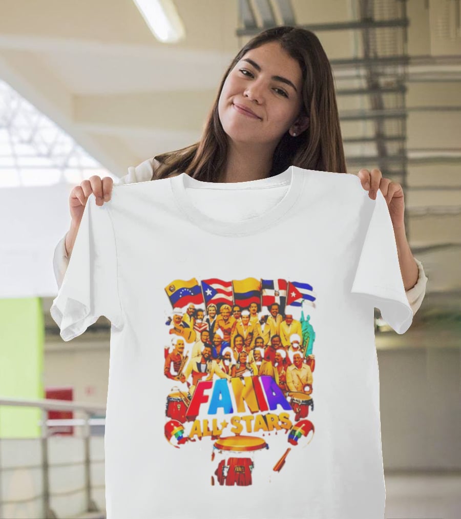 Fania All Stars Band With Colorful Flags And Musical Instruments T-Shirt