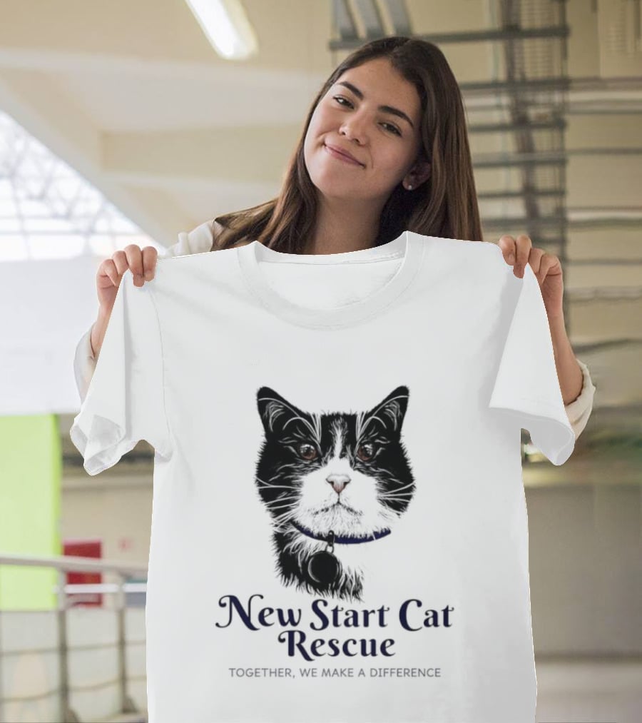 New Start Cat Rescue Together We Make A Difference Black And White Cat T-Shirt