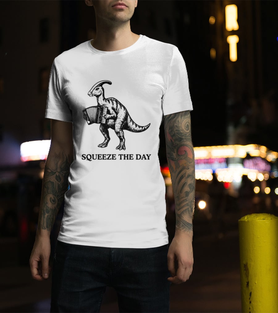 Parasaurolophus Squeeze The Day Playing Accordion T-Shirt