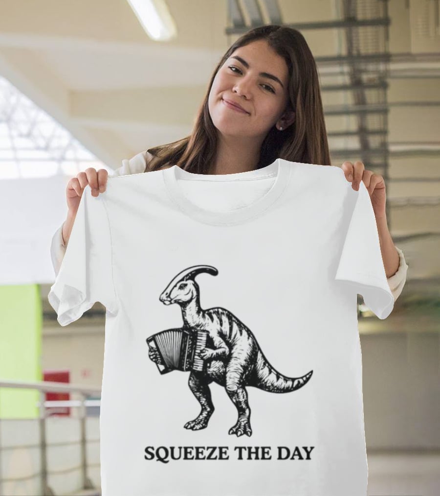 Parasaurolophus Squeeze The Day Playing Accordion T-Shirt