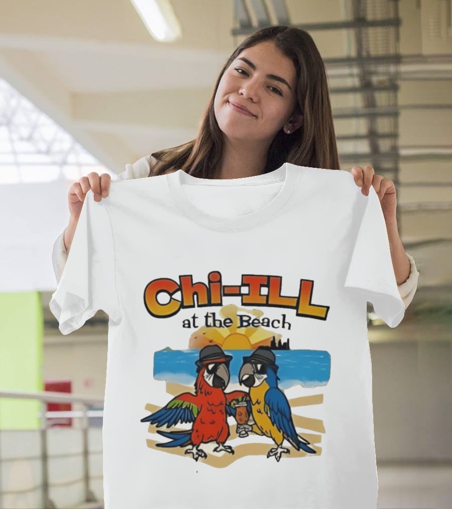Chi ILL At The Beach Parrots With Hats And Sunset Scene T-Shirt