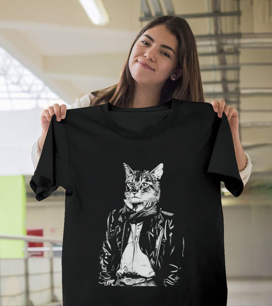 Cat They Only Come Out At Night Cool Cat In Leather Jacket T-Shirt