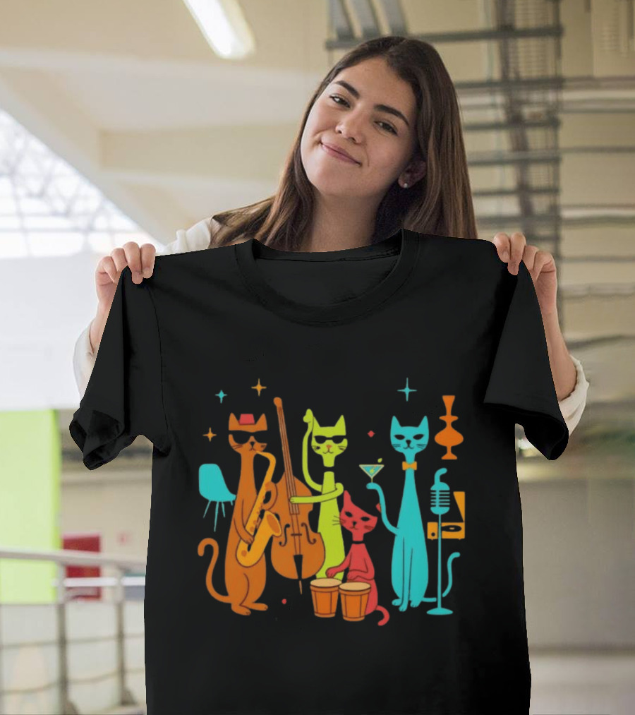 Jazz Cat Quartet Playing Instruments Bass Bongo Trumpet Martini T-Shirt