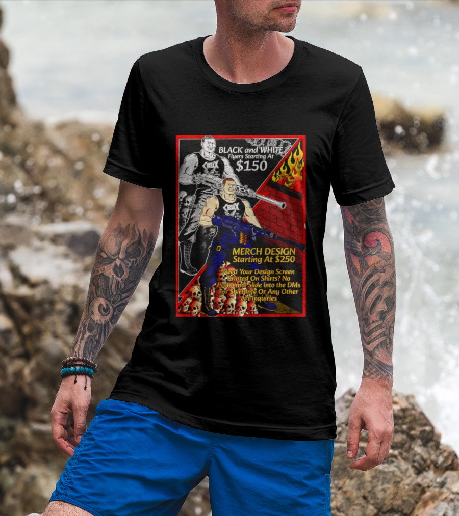Crux Black And White Flyers And Merch Services Skulls And Flames Promo T-Shirt