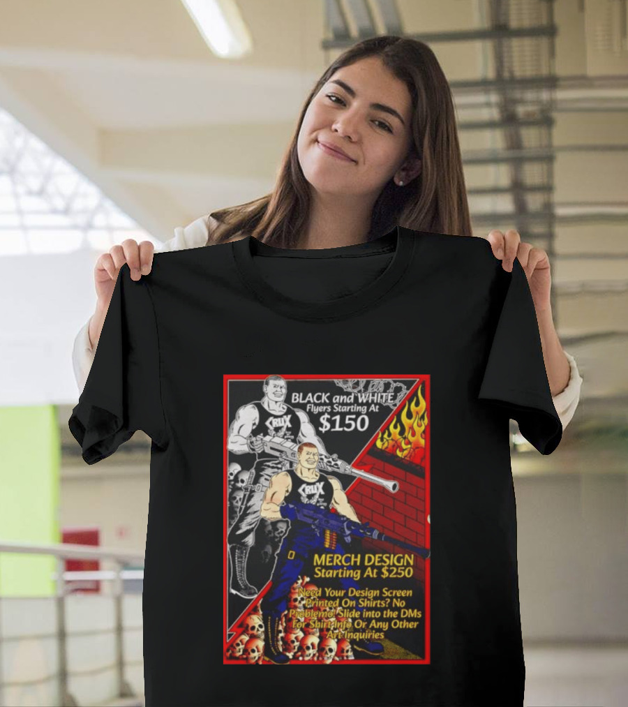 Crux Black And White Flyers And Merch Services Skulls And Flames Promo T-Shirt