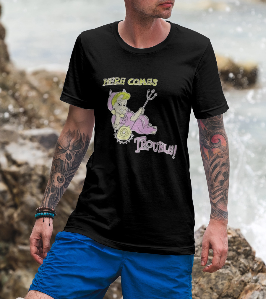 Here Comes Trouble Devil Baby With Pitchfork And Telephone T-Shirt