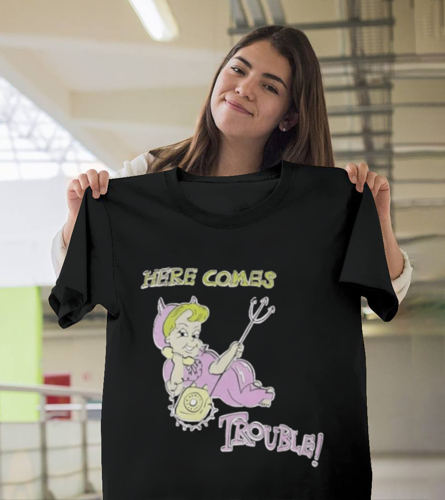 Here Comes Trouble Devil Baby With Pitchfork And Telephone T-Shirt