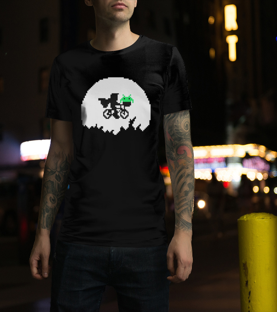 Elliott And Extra Terrestrial On Bicycle With Space Invader Pixel T-Shirt