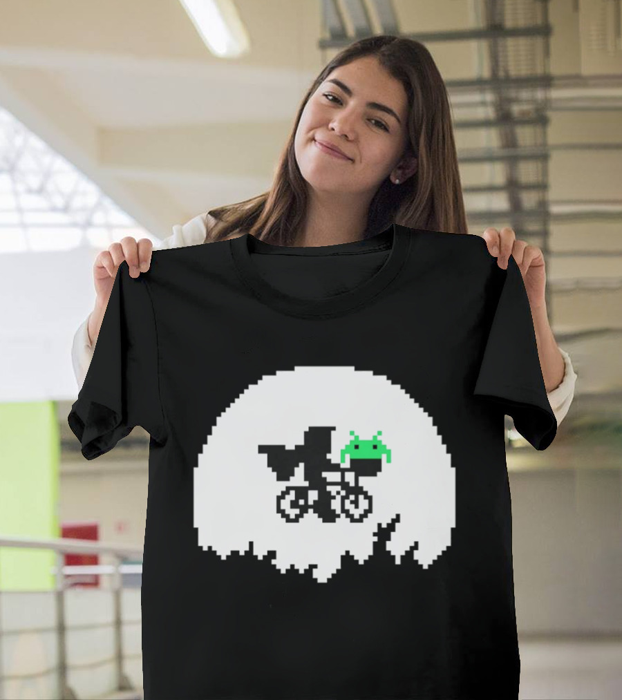 Elliott And Extra Terrestrial On Bicycle With Space Invader Pixel T-Shirt