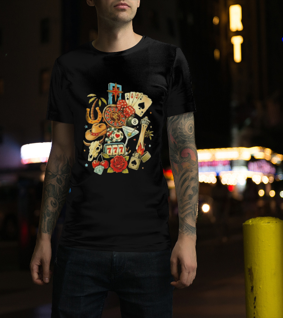 Las Vegas Casino Lucky Seven Poker Ace Of Spades Roulette Dice Palm Tree Horseshoe Rose Martini Skyscraper T-Shirt