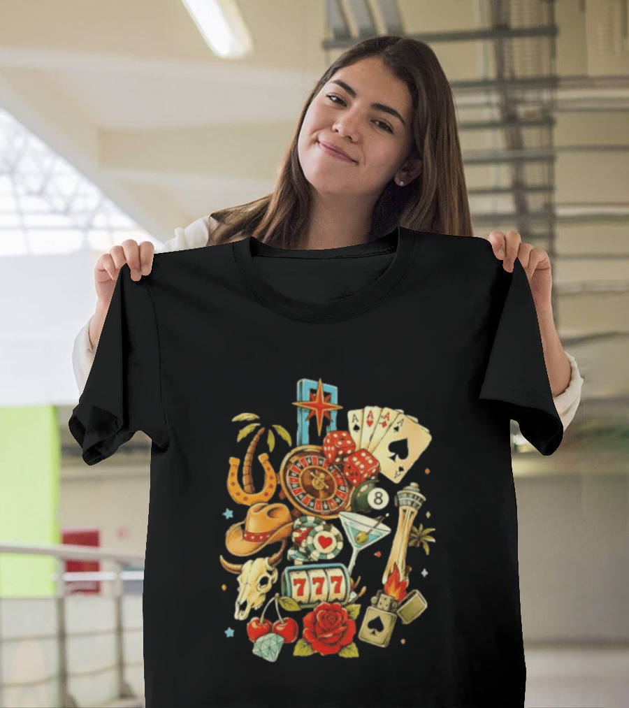 Las Vegas Casino Lucky Seven Poker Ace Of Spades Roulette Dice Palm Tree Horseshoe Rose Martini Skyscraper T-Shirt