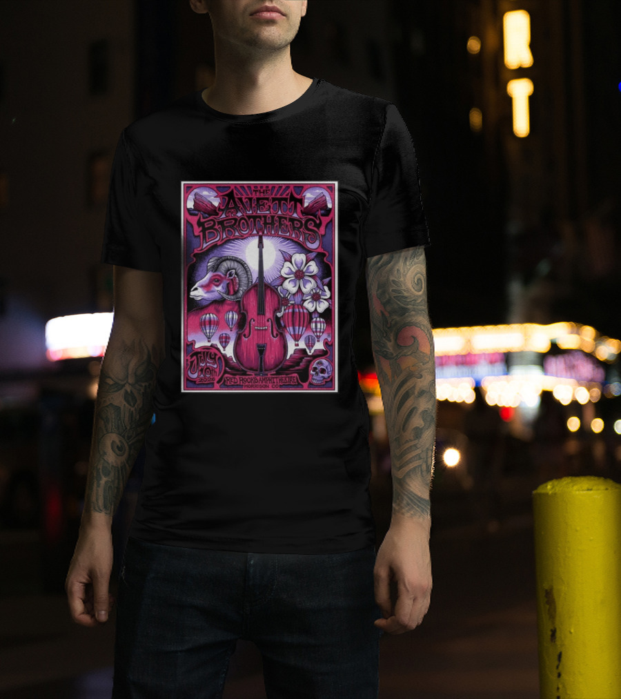 The Avett Brothers Red Rocks Amphitheatre Jul 10 2026 Morrison CO Hot Air Balloons Ram Violin Skull Art Flowers T-Shirt