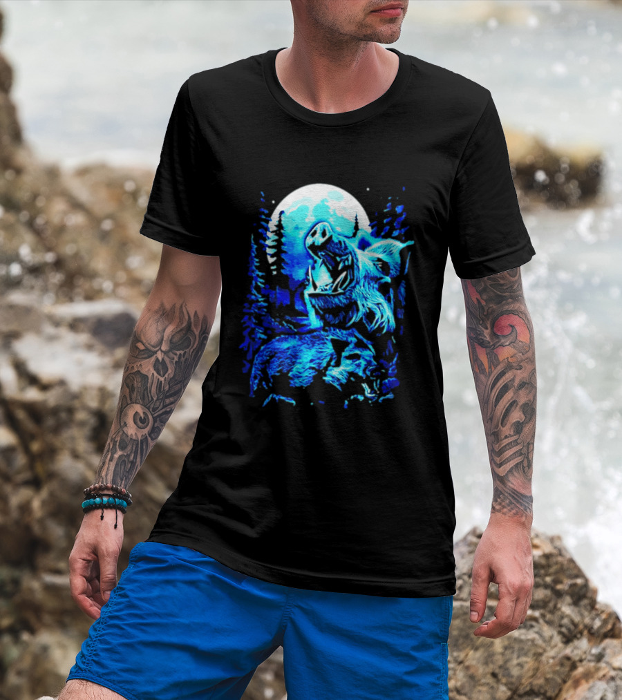 Wild Boar Howling At The Moon Under Mystical Forest Night Sky T-Shirt