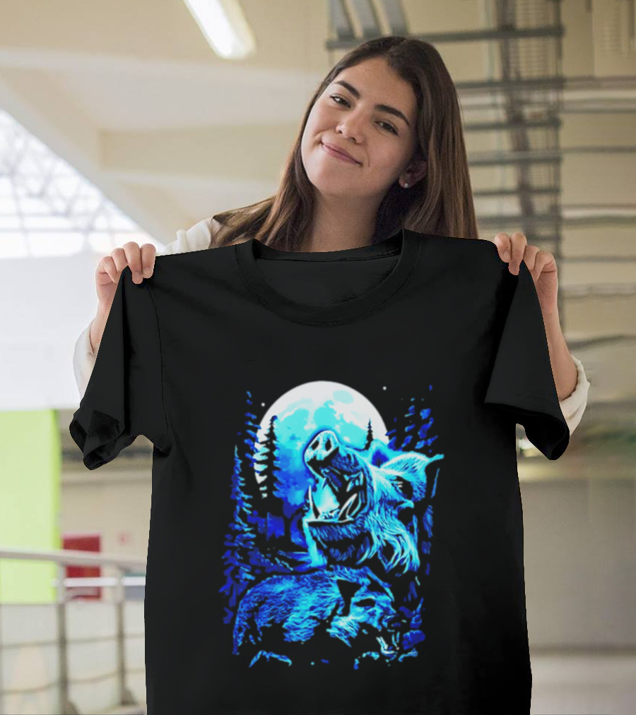 Wild Boar Howling At The Moon Under Mystical Forest Night Sky T-Shirt