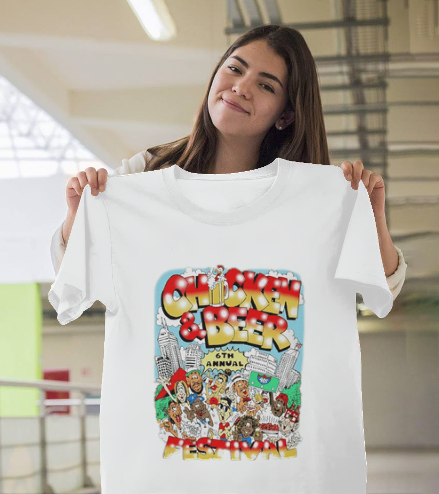 6th Annual Chicken & Beer Festival Indianapolis Cartoon Cityscape Crowd Fun T-Shirt