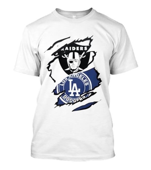 Raiders Los Angeles Dodgers Ripped Effect NFL MLB Crossover Fan Gear T-Shirt