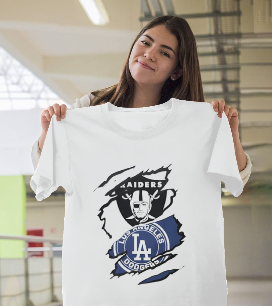 Raiders Los Angeles Dodgers Ripped Effect NFL MLB Crossover Fan Gear T-Shirt