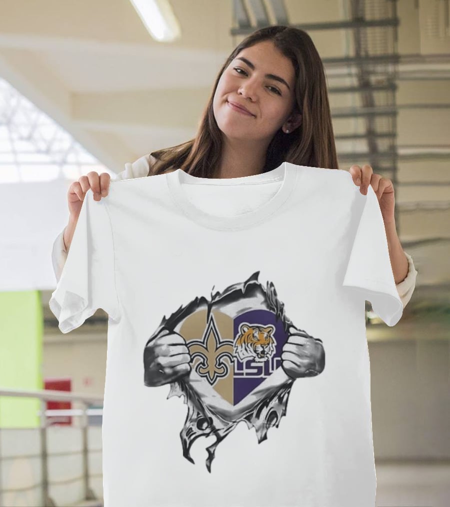 New Orleans Saints LSU Tigers Heart Hands Tearing Fleur De Lis Tiger Head T-Shirt