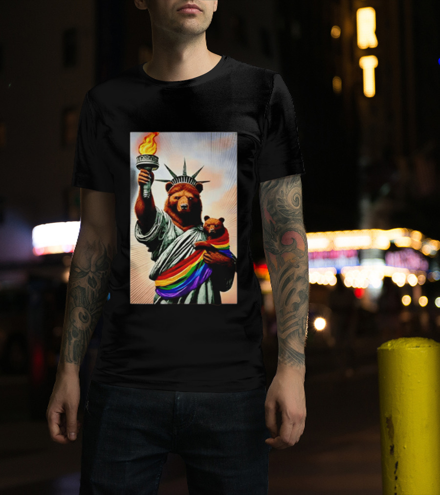 Bear Statues Liberty Rainbow Pride Torch T-Shirt