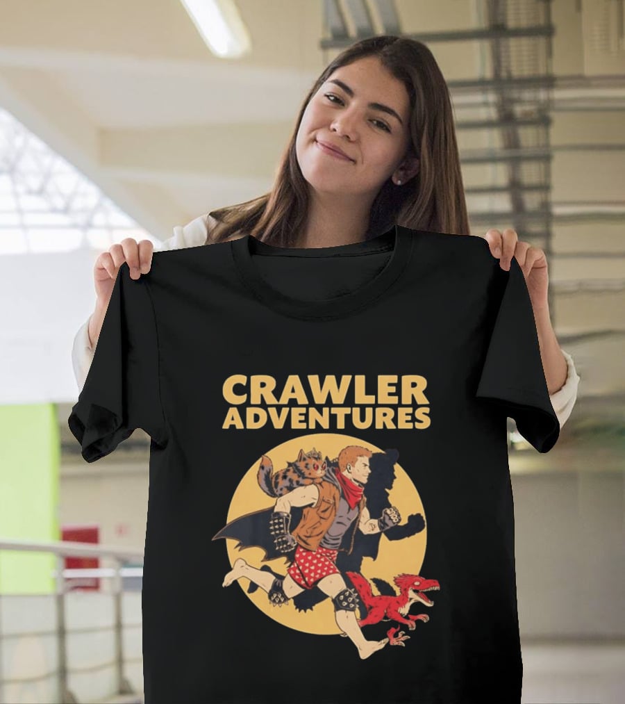 Crawler Adventures Running Man Cat Companion And Raptor T-Shirt
