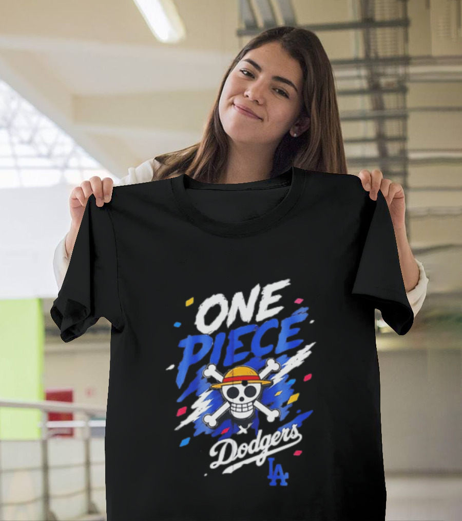 One Piece Dodgers LA Crossover With Jolly Roger And Straw Hat T-Shirt