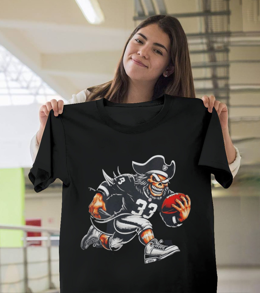 Raiders Skeleton Pirate Running With Football Number 33 T-Shirt