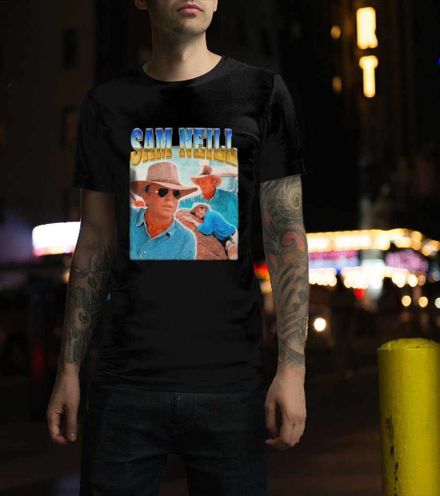 Sam Neill Cowboy Style Hat Sunglasses Denim Vintage Trendy 2026 T-Shirt
